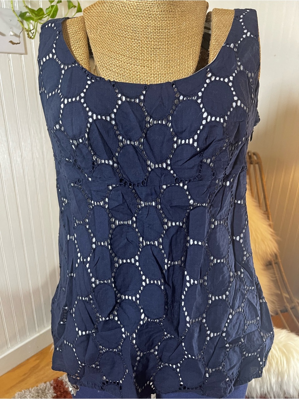 Women’s Loft Navy Eyelet Sleeveless Top - Classic Layering